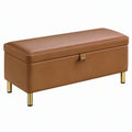 Panca contenitore 100 x 40 x 45 cm in similpelle marrone cognac con gambe dorate - seduta imbottita