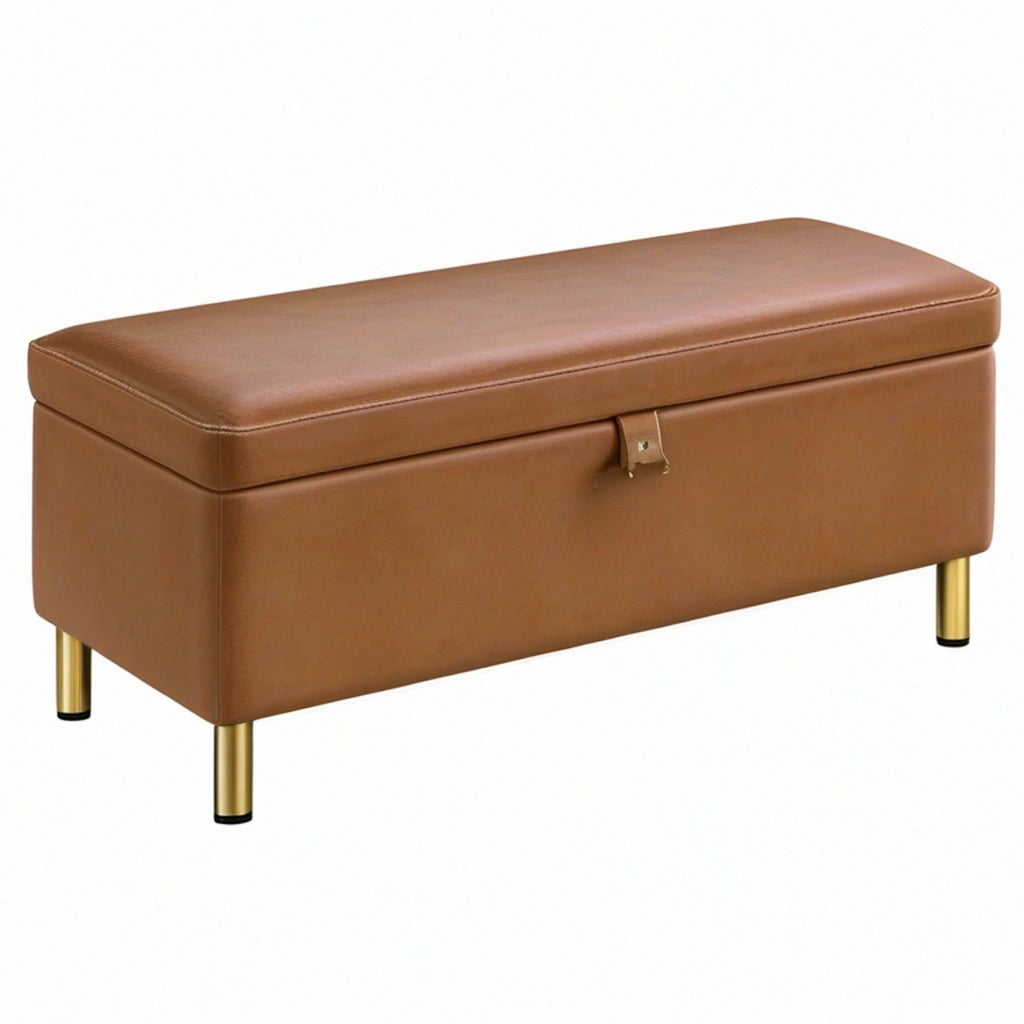 Panca contenitore 100 x 40 x 45 cm in similpelle marrone cognac con gambe dorate - seduta imbottita