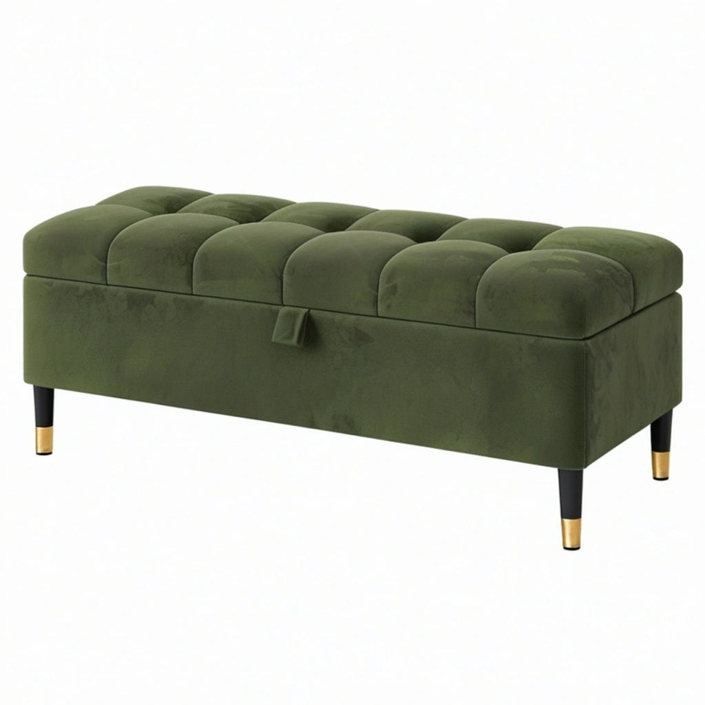 Panca contenitore 120 x 45 x 45 cm in velluto verde stile moderno con seduta capitonné