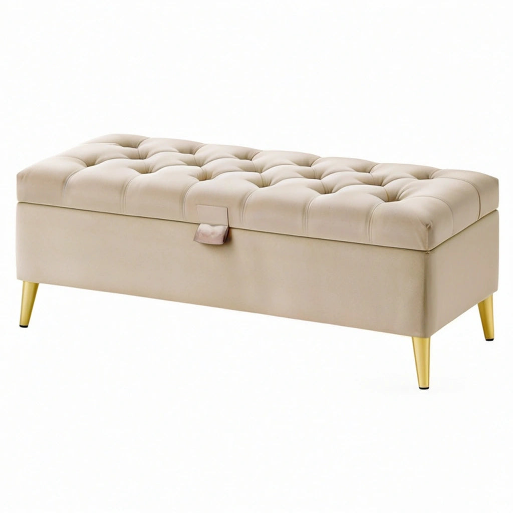 Panca contenitore 100 x 40 x 45 cm in velluto beige con seduta capitonné