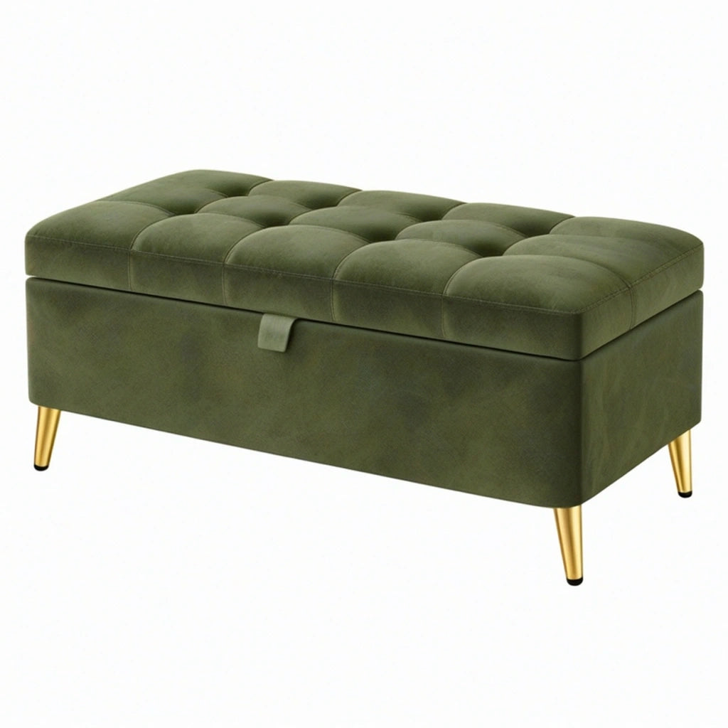 Panca contenitore 100 x 40 x 45 cm in tessuto verde con seduta imbottita