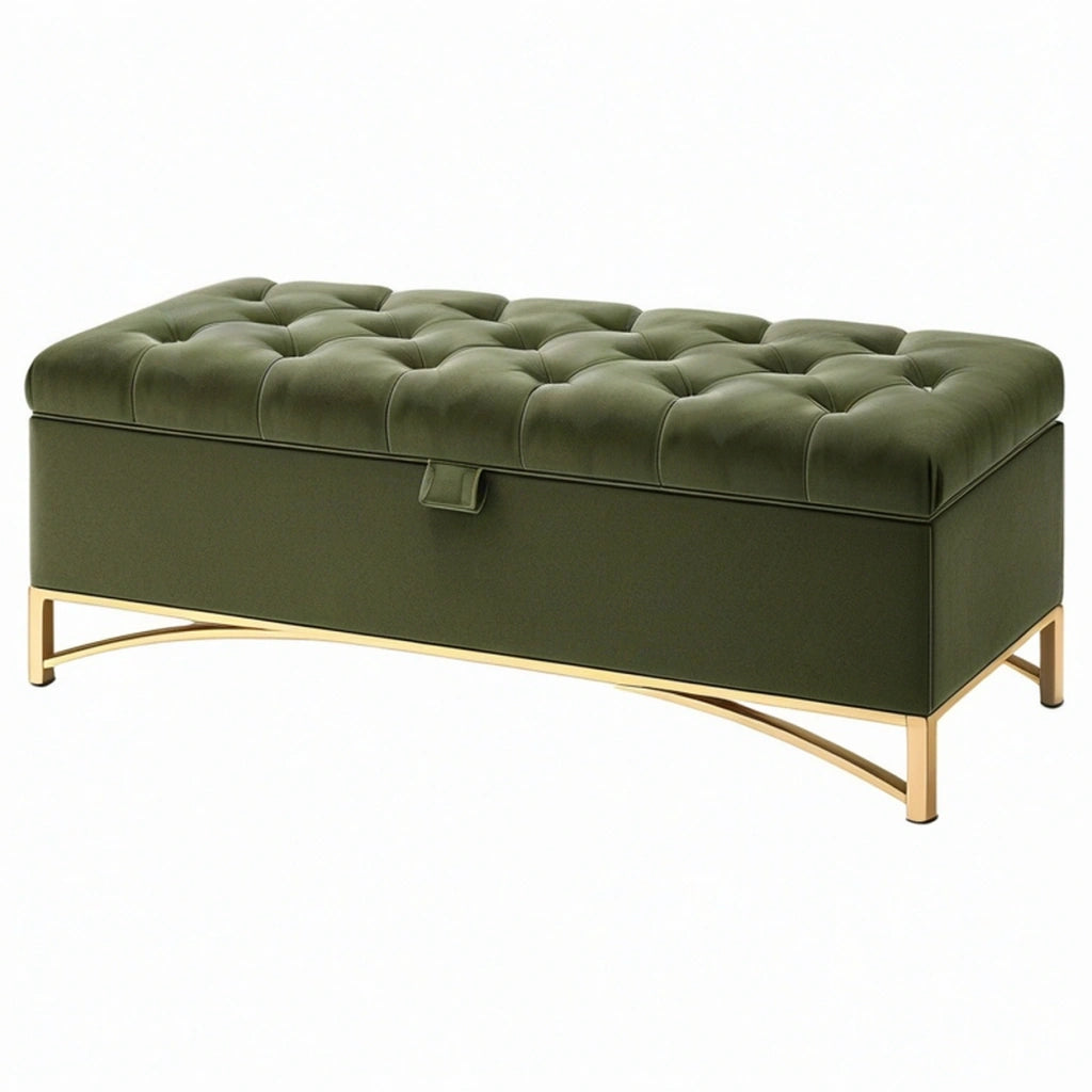 Panca contenitore 120 x 45 x 48 cm in velluto verde con seduta capitonné