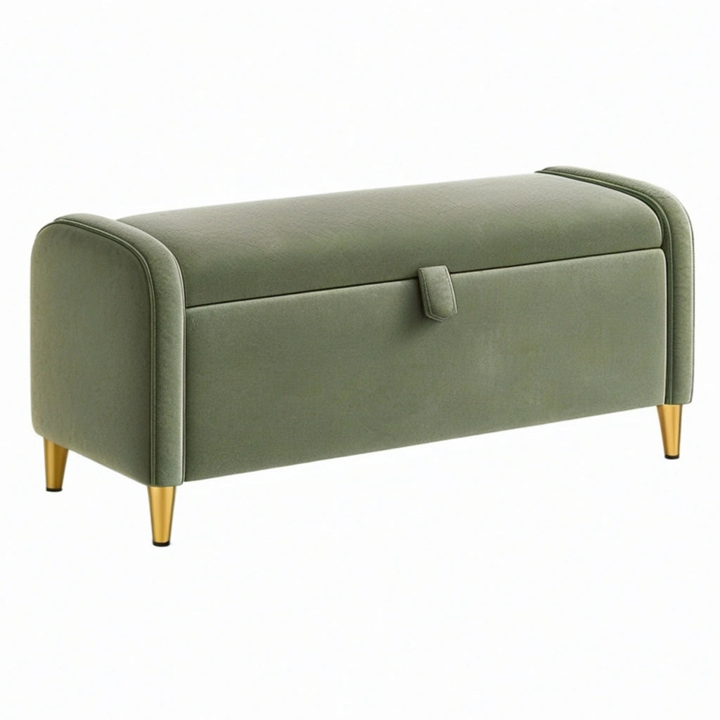 Panca contenitore 120 x 45 x 55 cm in tessuto verde con gambe dorate stile moderno
