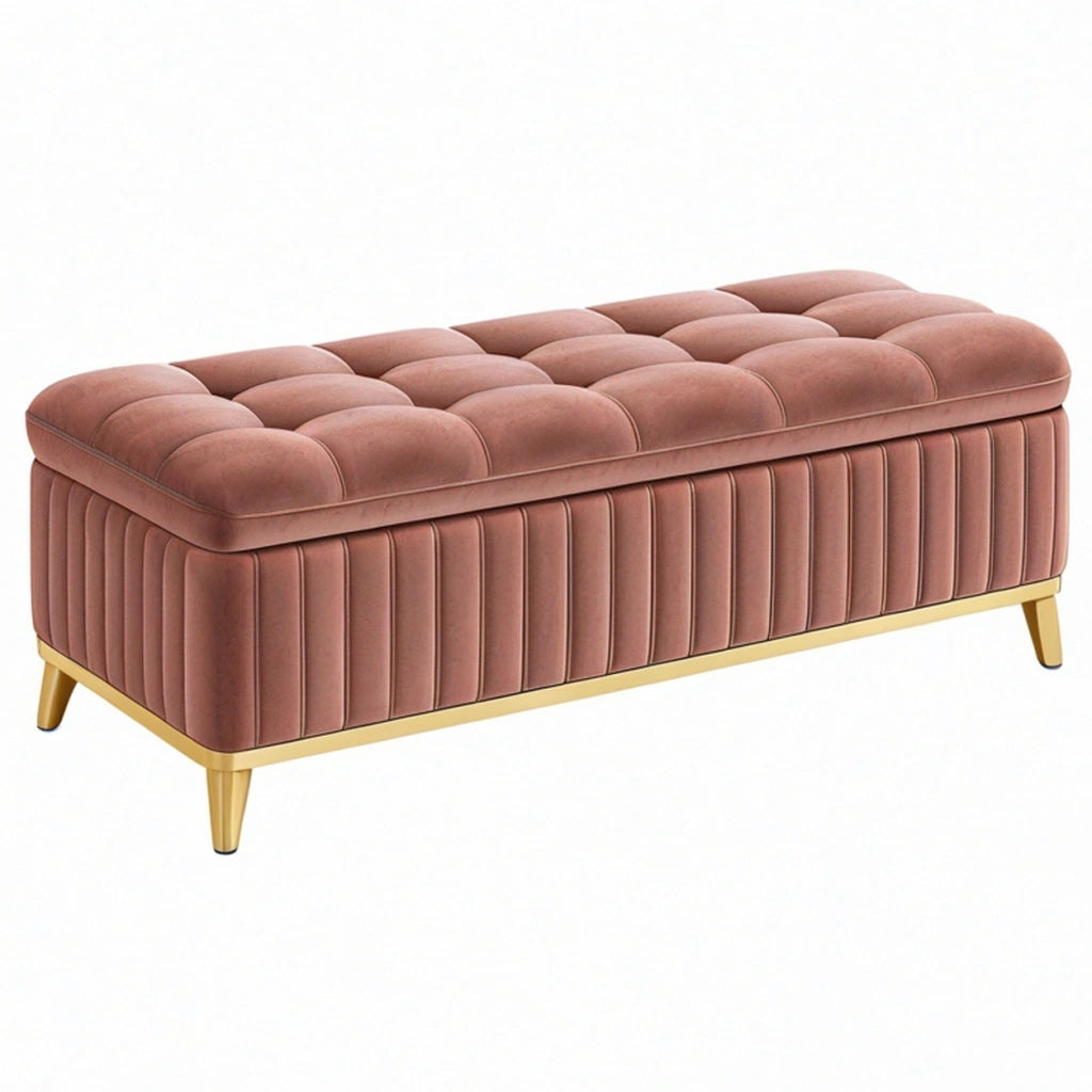 Panca contenitore 120 x 45 x 45 cm in tessuto effetto velluto rosa con gambe dorate stile moderno