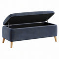 Panca contenitore 100 x 40 x 45 cm in tessuto effetto velluto blu con gambe in legno stile moderno