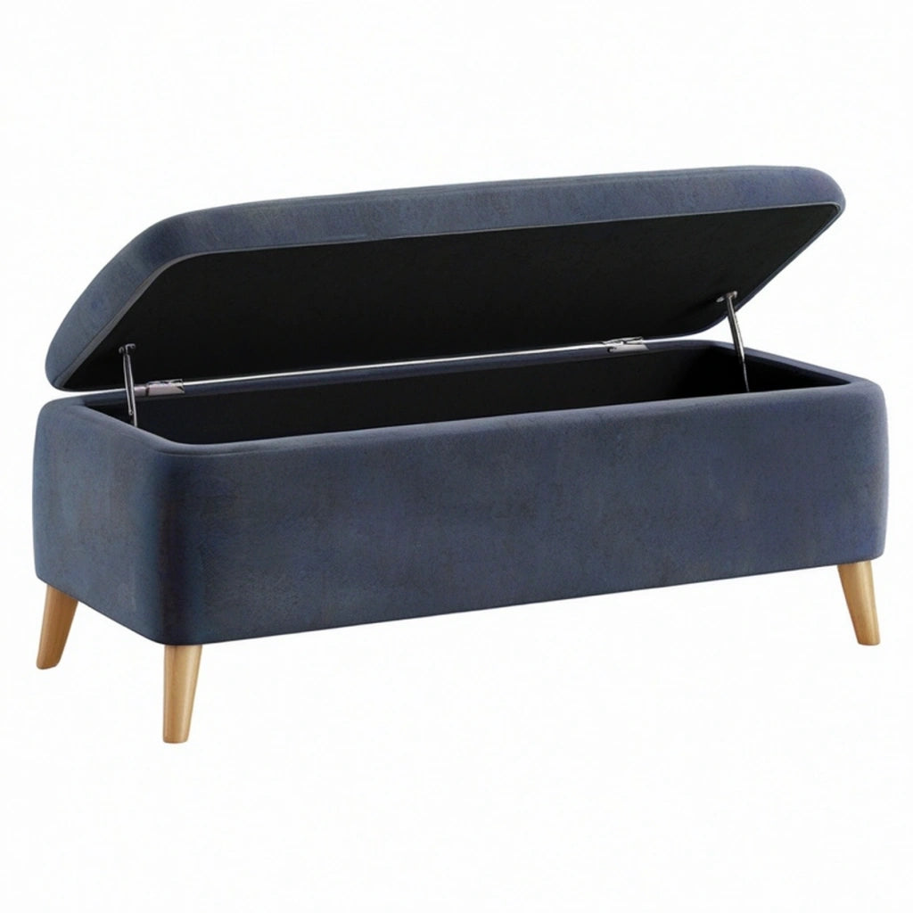 Panca contenitore 100 x 40 x 45 cm in tessuto effetto velluto blu con gambe in legno stile moderno
