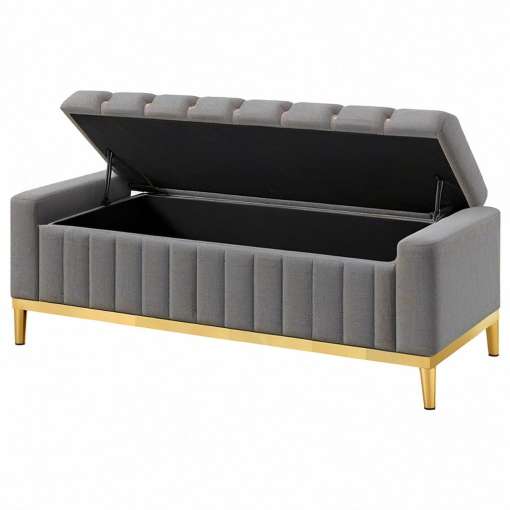 Panca contenitore 120 x 45 x 65 cm in tessuto grigio con seduta imbottita e apertura a gas