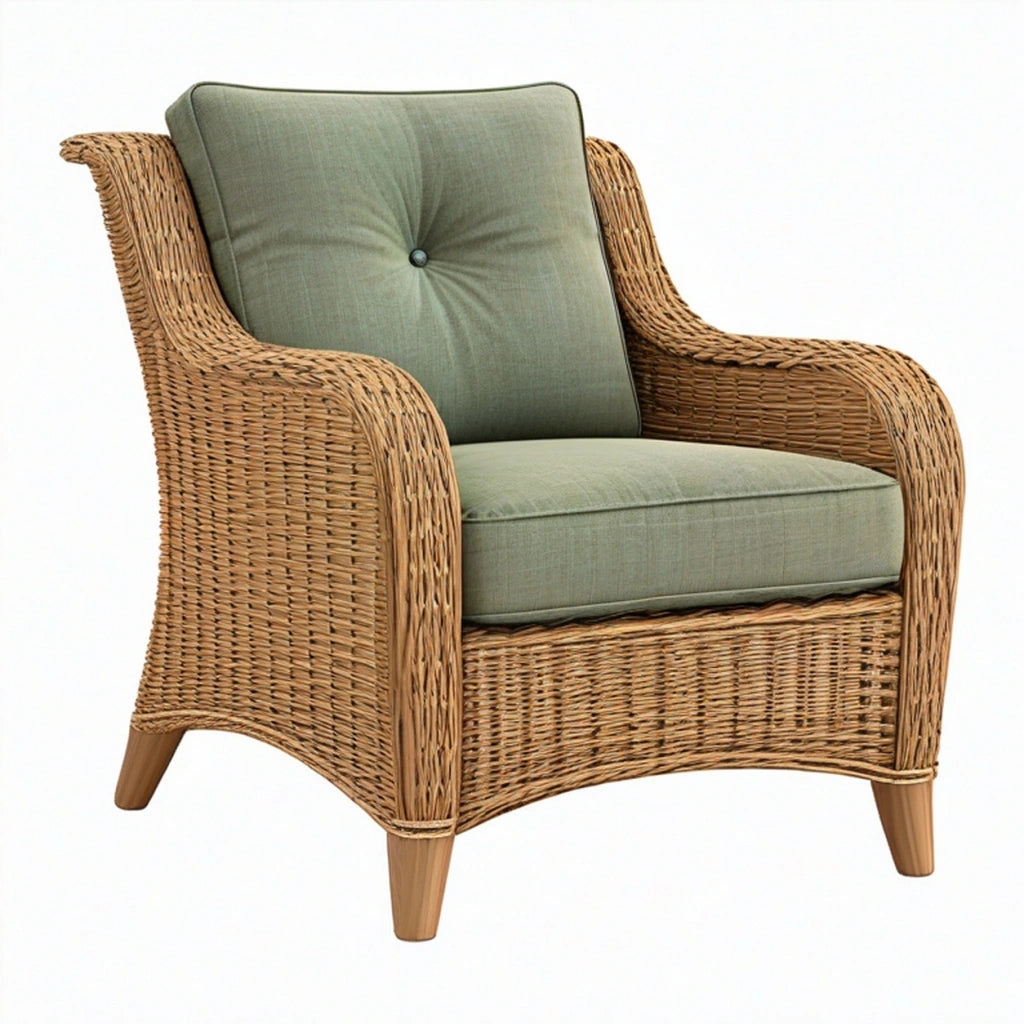 Poltrona 78 x 82 x 92 cm in vimini naturale con imbottitura verde stile rustico