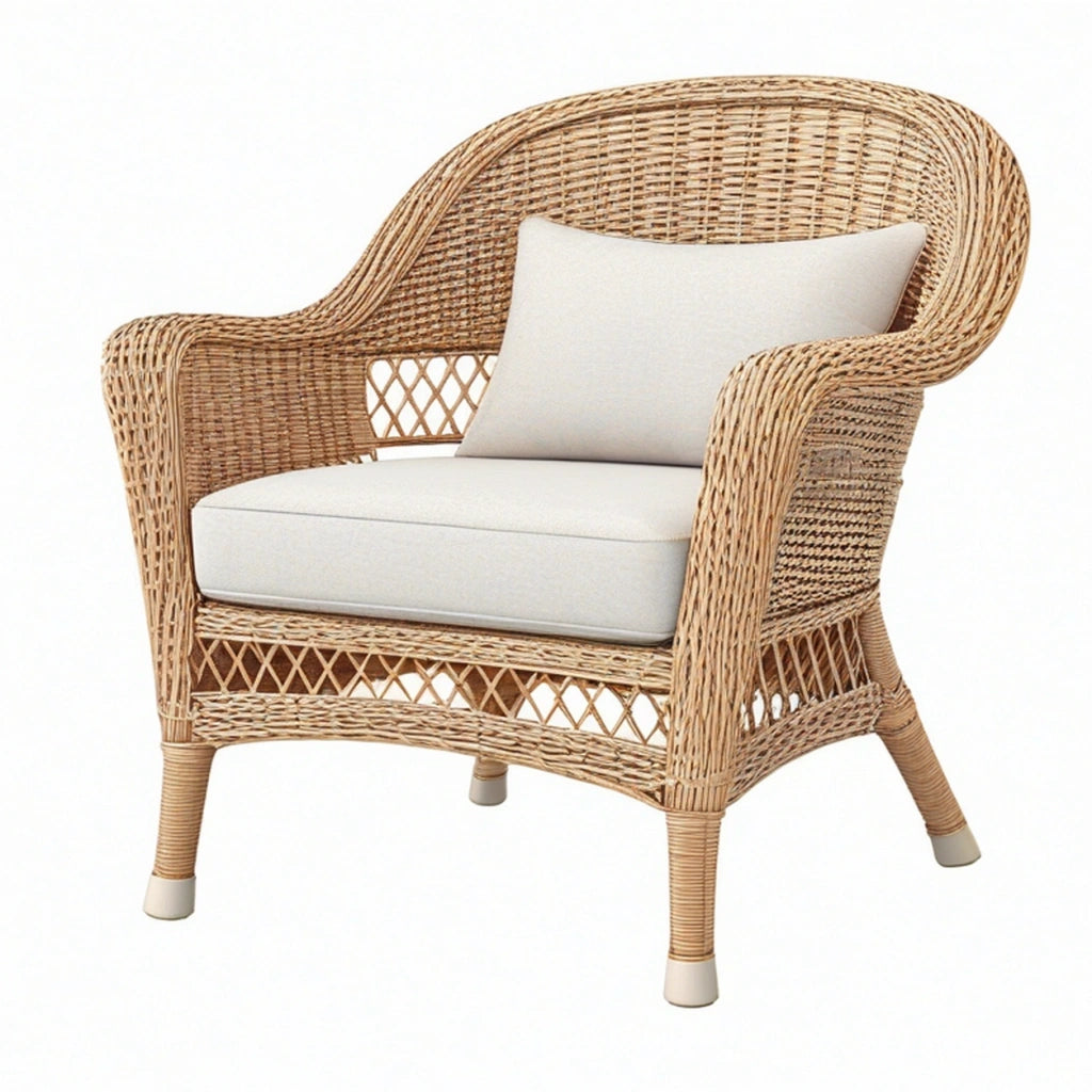 Poltrona 85 x 75 x 95 cm in rattan naturale beige con seduta imbottita stile bohémien