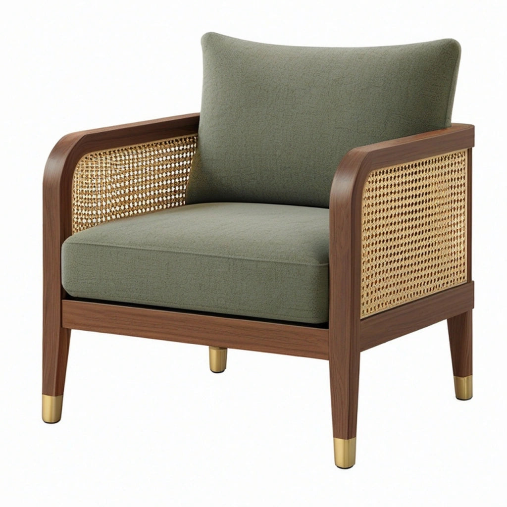 Poltrona 76 x 78 x 85 cm in legno e rattan verde oliva stile moderno