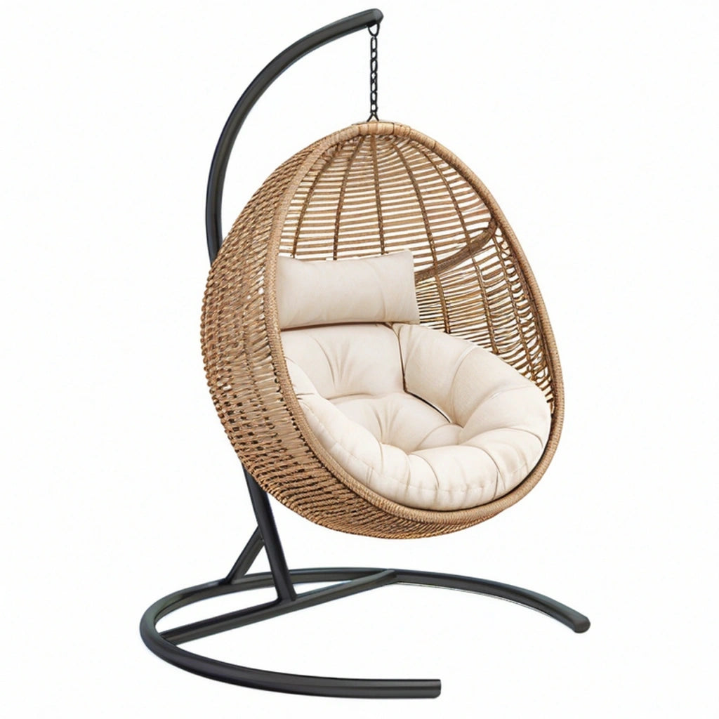 Poltrona sospesa 105 x 95 x 195 cm in rattan beige con struttura in metallo nero