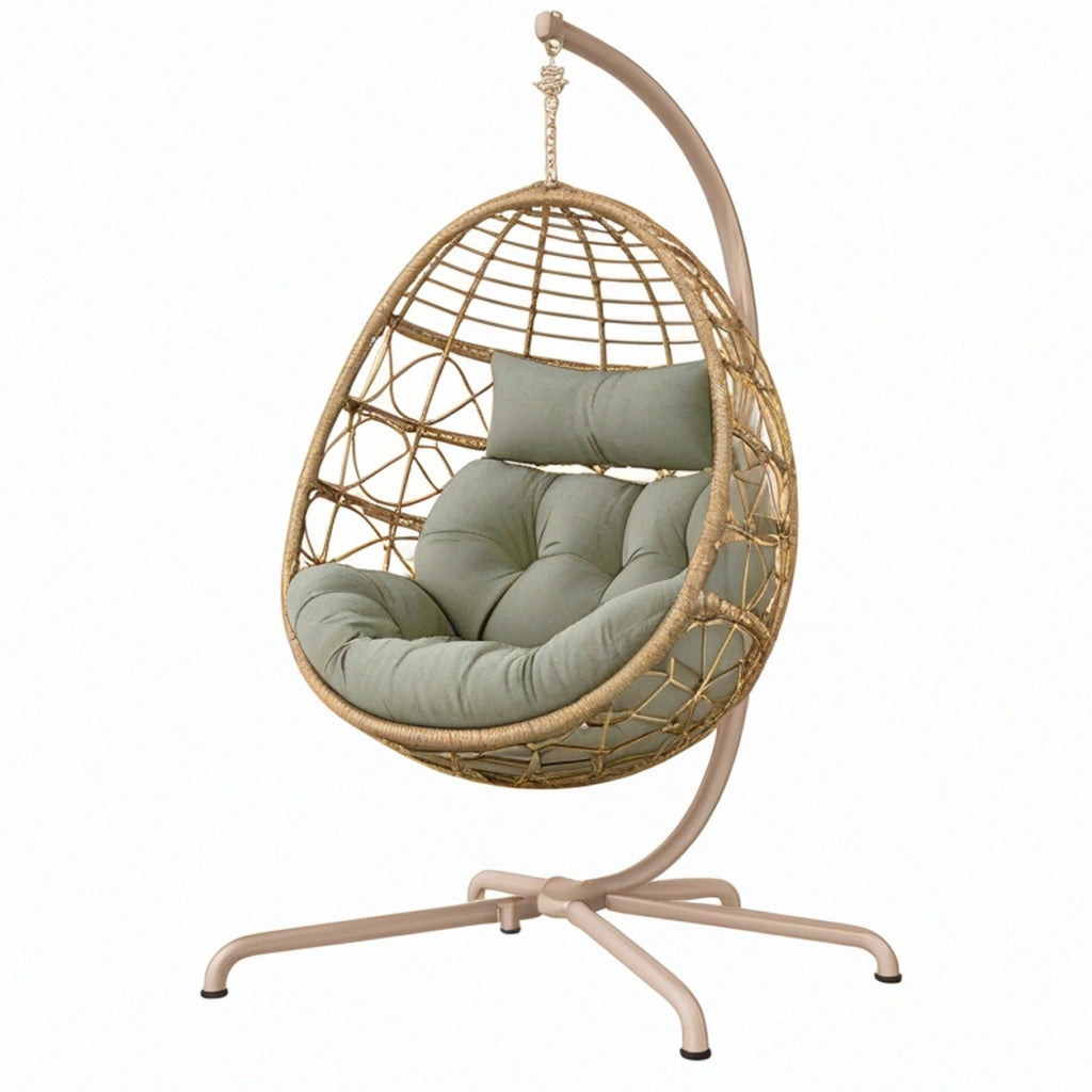 Poltrona sospesa da giardino 105 x 105 x 195 cm in metallo e fibra intrecciata beige con seduta verde salvia - stile boho