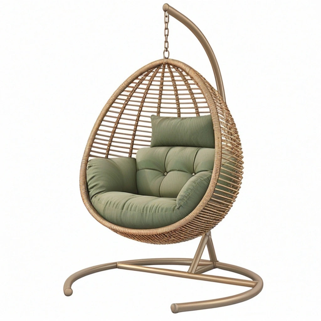 Poltrona sospesa da giardino 105 x 105 x 195 cm in fibra intrecciata beige con seduta verde salvia - struttura con supporto