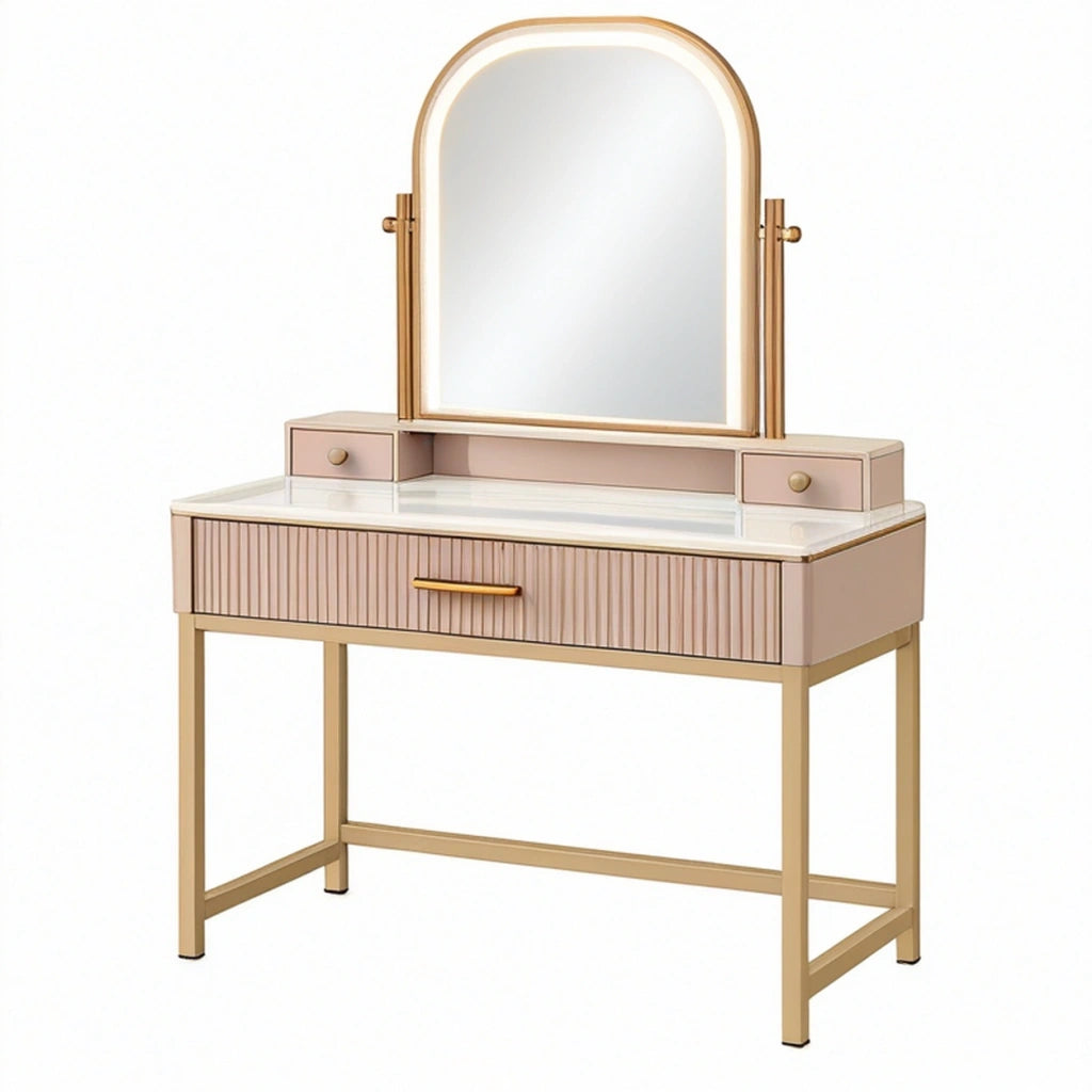 Toeletta 100 x 45 x 145 cm in vetro e metallo rosa cipria e oro con specchio stile moderno
