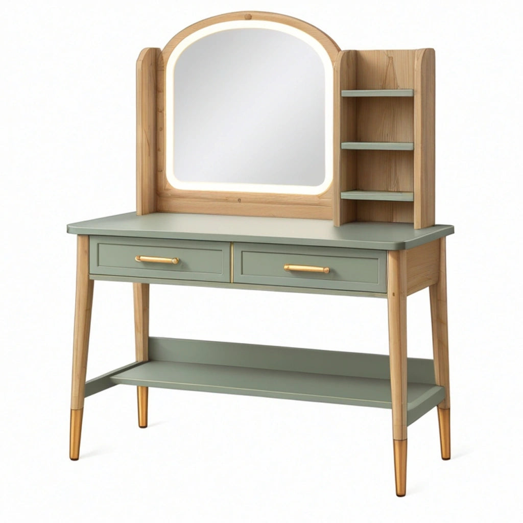 Toeletta con specchio 100 x 45 x 150 cm in legno verde salvia con cassetti e ripiani stile retrò