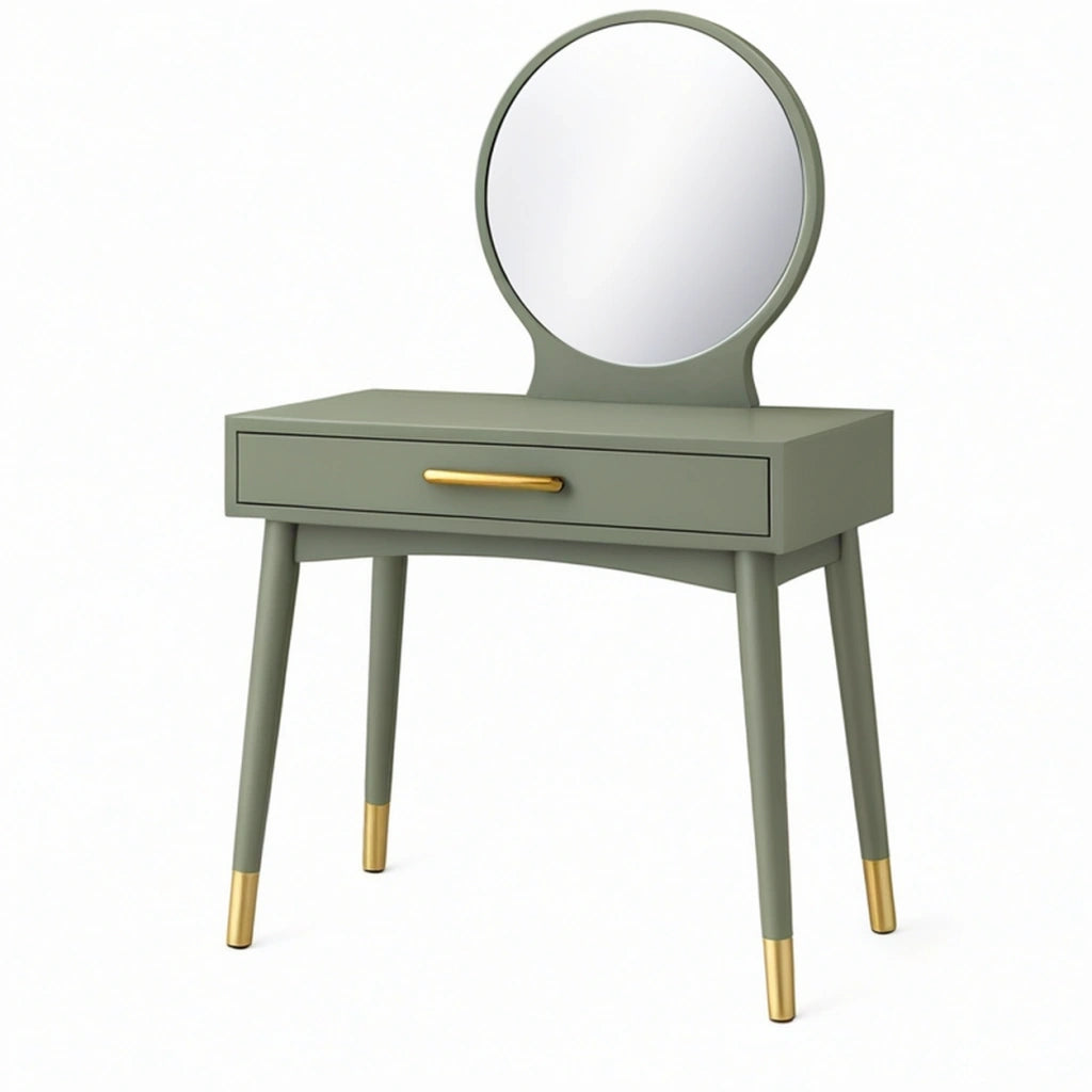 Toeletta 80 x 40 x 135 cm in legno verde salvia con specchio rotondo e cassetto stile moderno