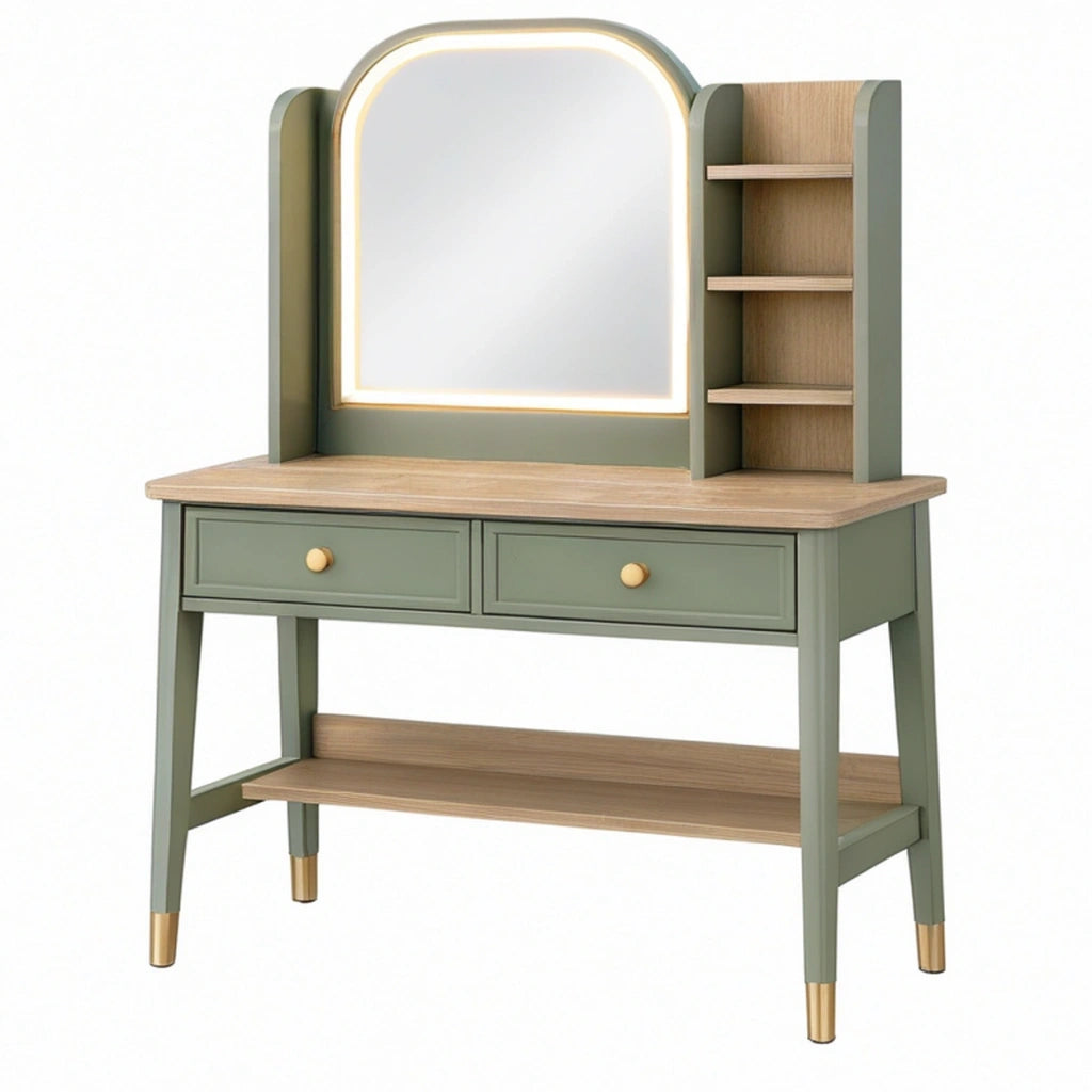 Toeletta 100 x 45 x 150 cm in legno verde salvia con specchio illuminato e ripiani