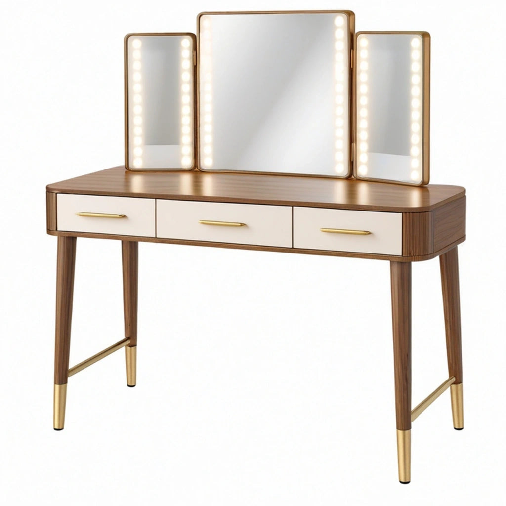 Toeletta 120 x 45 x 140 cm in legno e vetro marrone/bianco con specchio LED e 3 cassetti - stile moderno