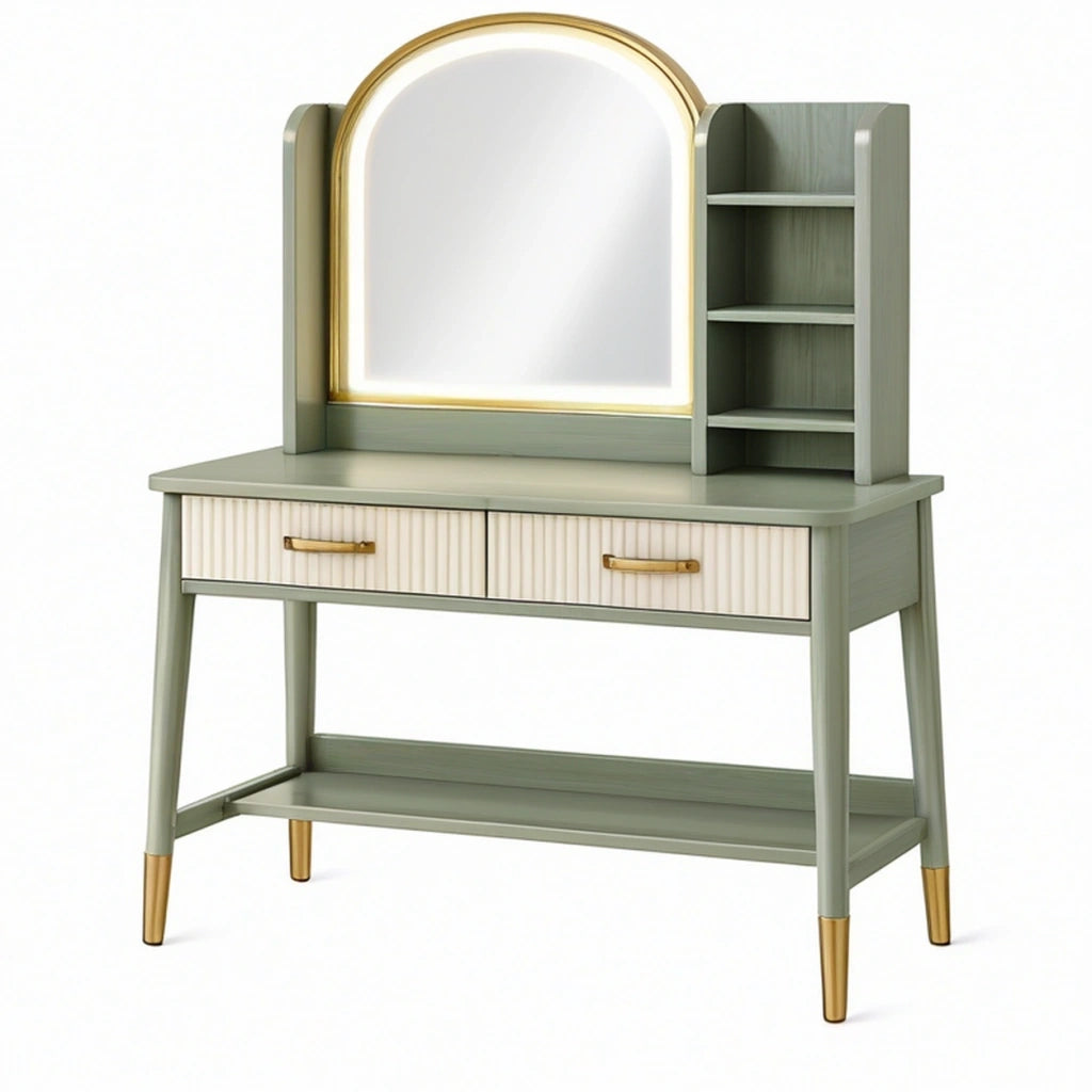 Tavolo da toeletta 100 x 45 x 145 cm in legno verde salvia con specchio e ripiani stile moderno