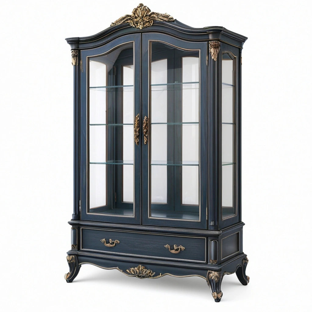 Vetrina 120 x 45 x 200 cm in legno blu scuro e vetro stile classico con cassetto