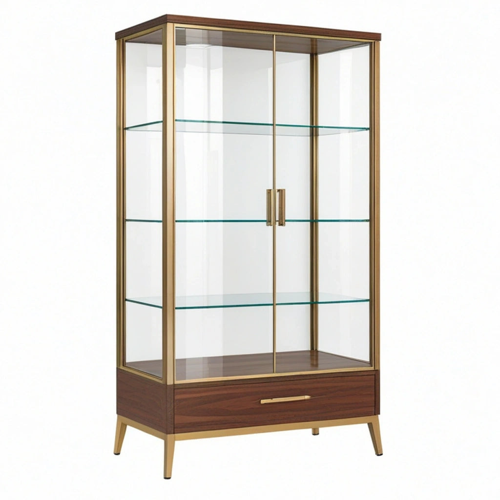 Vetrina 90 x 40 x 180 cm in vetro e legno marrone con struttura color ottone - stile moderno